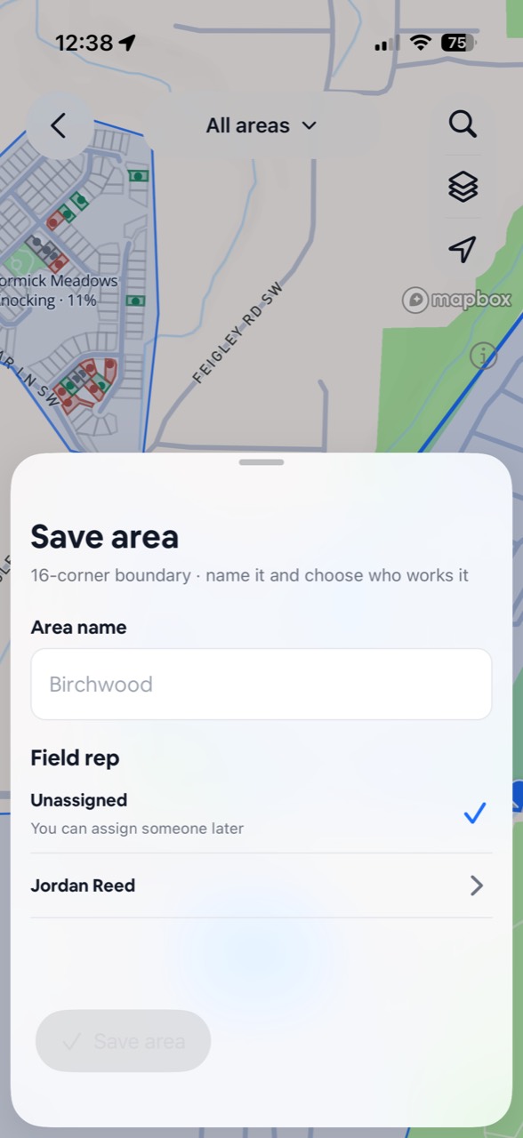 Meep Field save area form with area name and rep assignment
